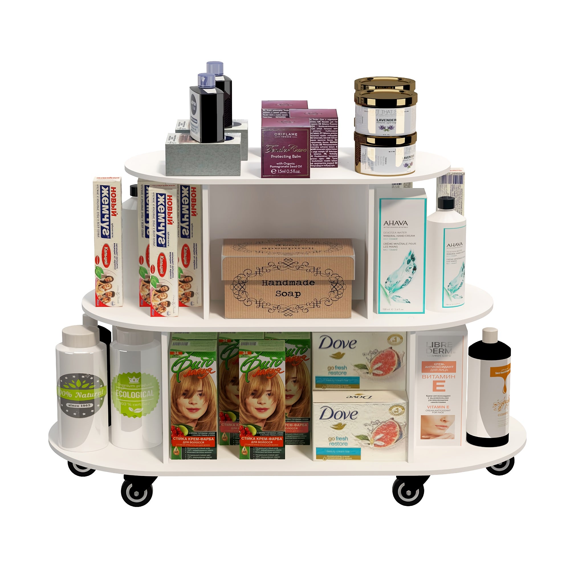 3-Tier Rotating Display Cart, Multifuctional Mobile Stand with 360° Rotating Wheels for Cosmetics, Toiletries, Household Items (Oval) 3-Tier Rotating Display Cart, Multifuctional Mobile Stand with 360° Rotating Wheels for Cosmetics, Toiletries, Household Items (Oval)
